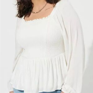 Torrid Rayon Slub Smocked Bodice Long Sleeve Crop Blouse